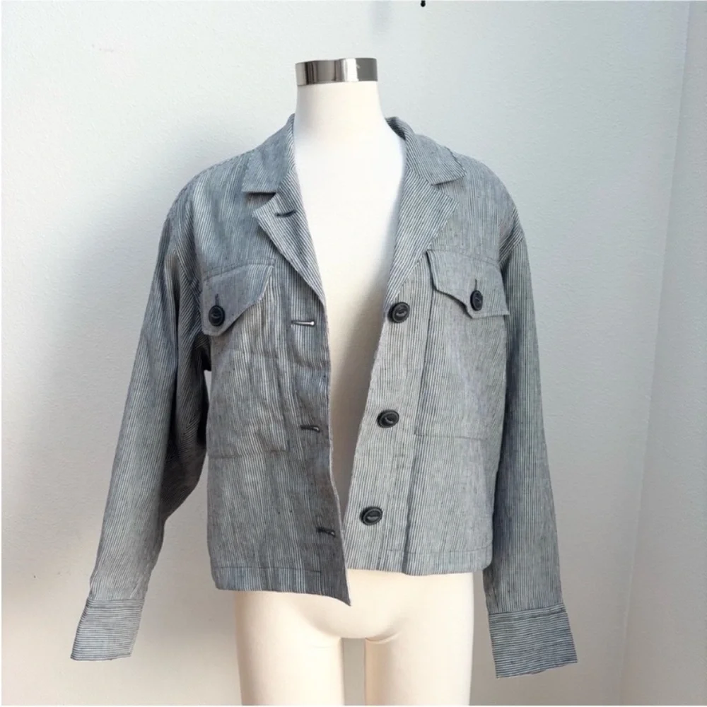 Rag and Bone Designer Jacket Cropped Striped Jessie Coat Linen Gray Size Medium - Picture 5 of 14